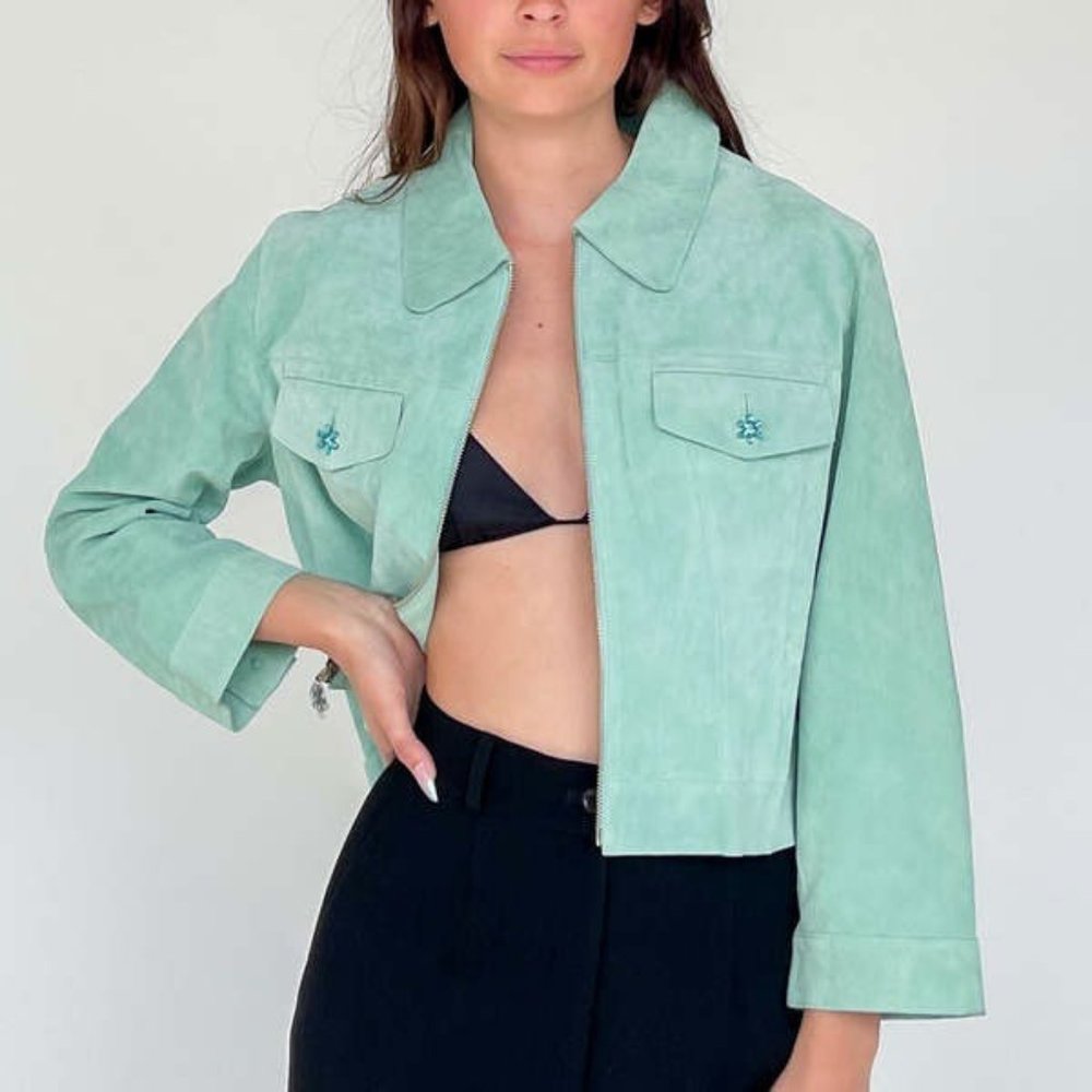 Vintage Wilsons Leather 100% Suede Cropped Jacket Size Large Aqua Barbiecore - Picture 1 of 12